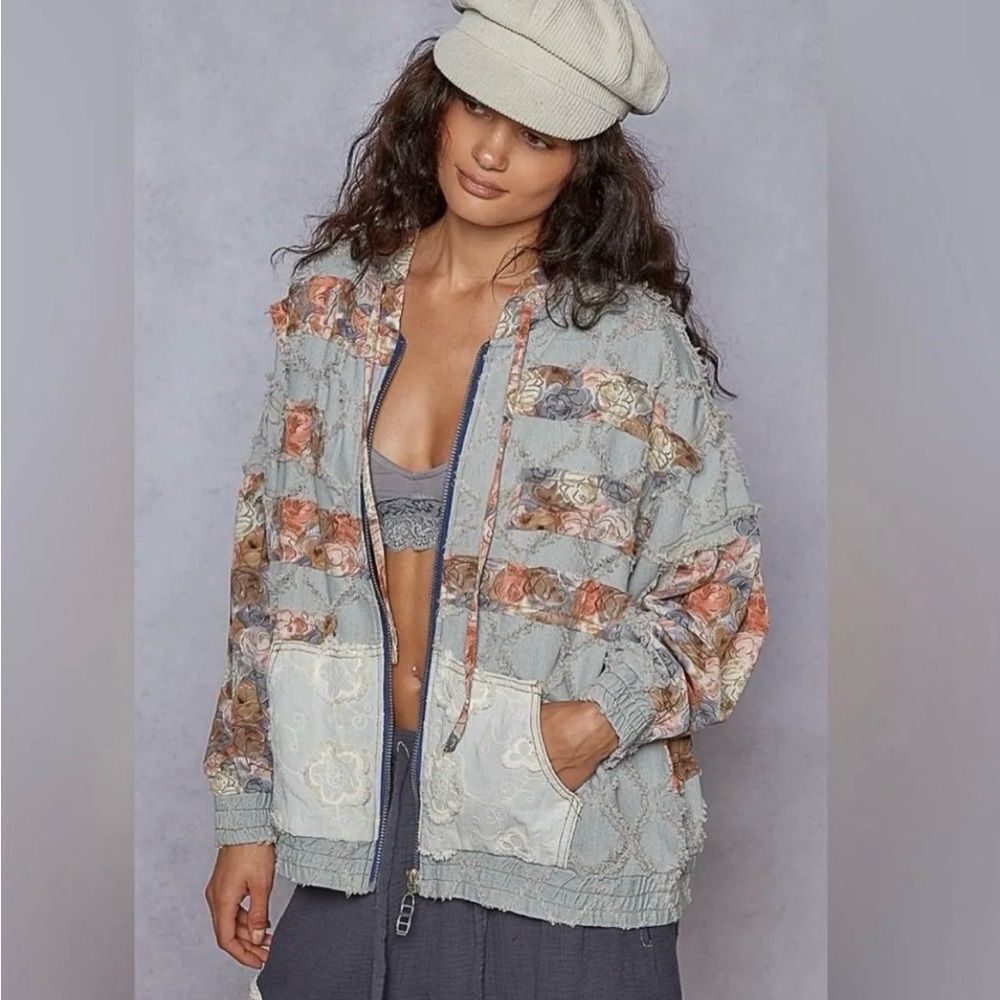 POL X Scrap Work Boutique Vintage Washed Mixed Patch Zip Up Hooded Denim Jacket